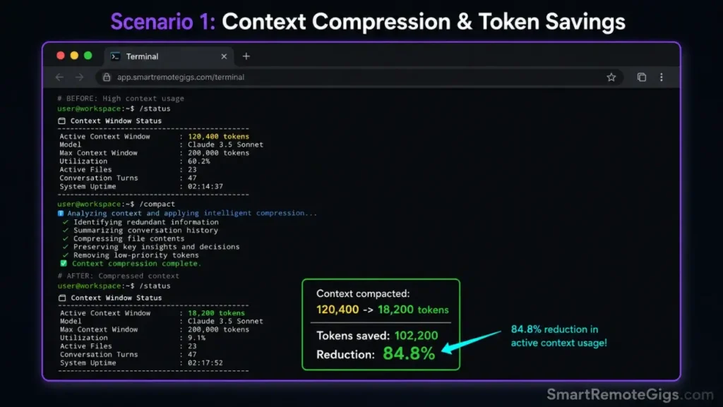 Screenshot of an active terminal session demonstrating the context compression output and API token savings after executing the /compact command in Claude Code.