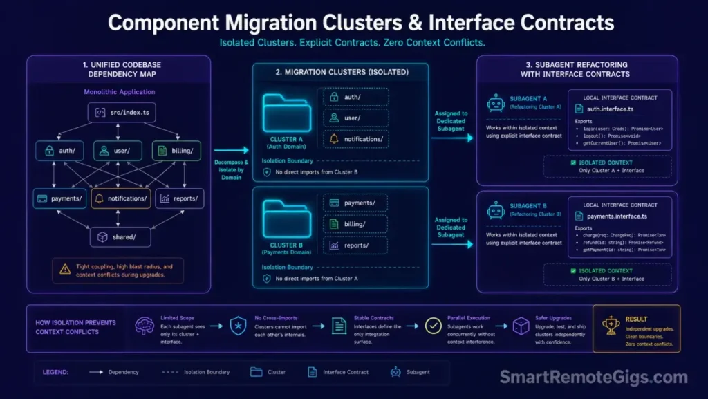 Process flow diagram detailing isolated component migration clusters and interface contracts to prevent subagent context conflicts during framework upgrades.