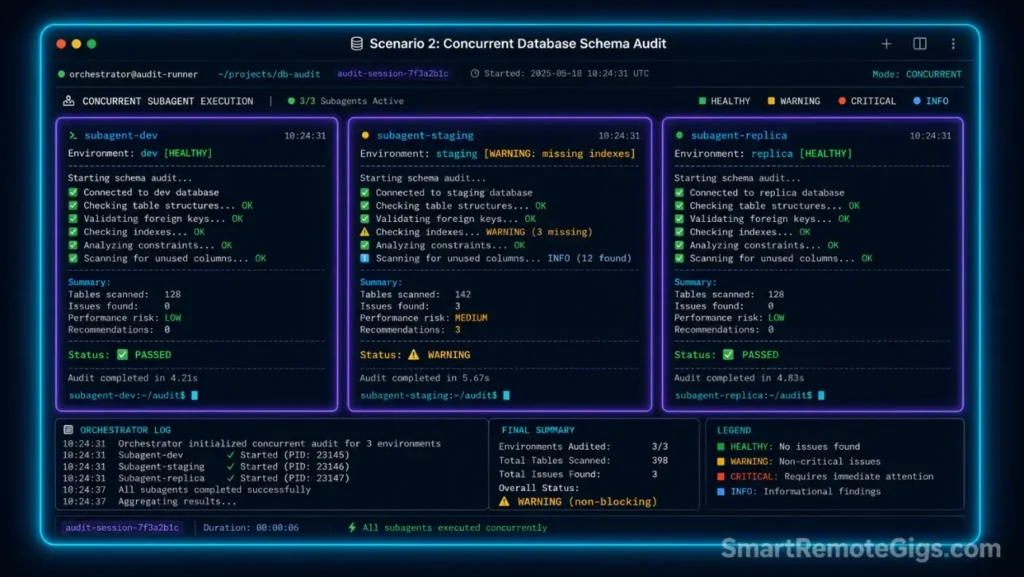 Screenshot of a terminal CLI session running concurrent database audits across multiple SQL environments using parallel subagents.