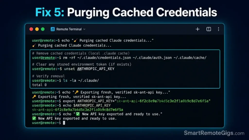 Screenshot of a shell terminal clearing local session caches and manually exporting console keys to bypass authentication lockouts.