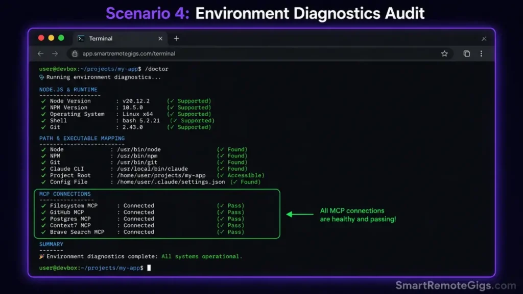 Screenshot of an active terminal executing the Claude Code doctor command to perform system health audits, binary resolution checks, and MCP server validation diagnostics.