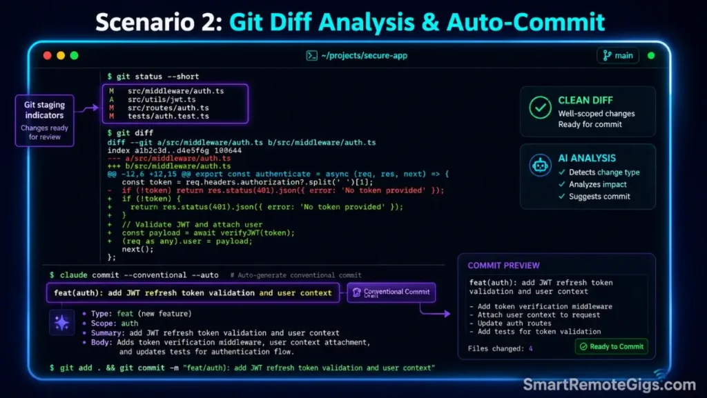 Screenshot of a terminal CLI session executing git diff analysis and auto-generating standard conventional commit messages matching team guidelines.