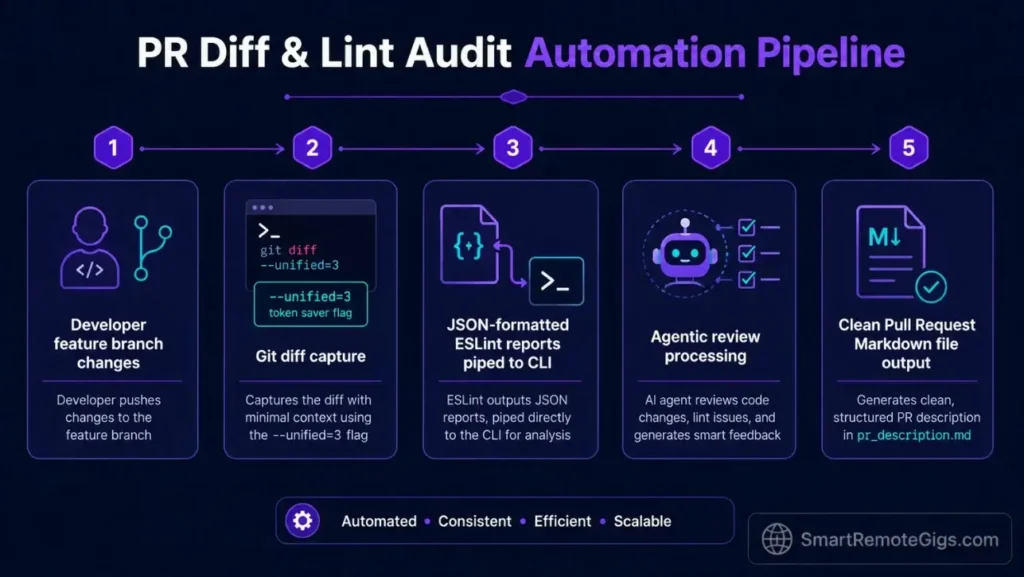 Process flow diagram showing how a git patch and eslint log are piped to Claude Code to automate pull request reviews and generate Markdown documentation.