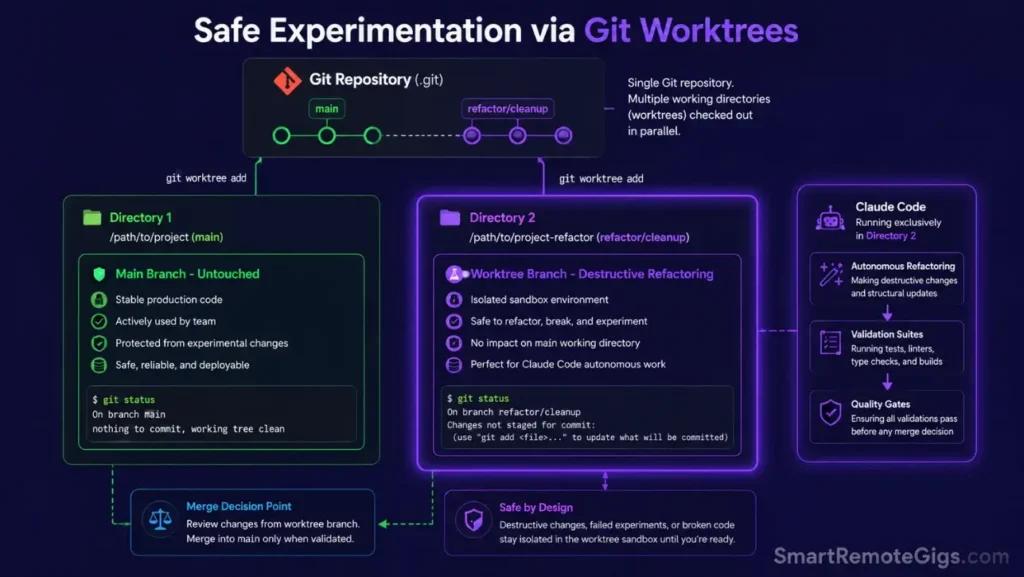 Repository layout diagram showing how to use git worktrees to spin up isolated sandbox directories for safe, destructive agent refactoring without affecting the main working branch.
