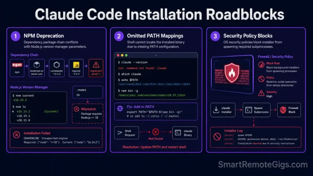Infographic mapping the three main causes of Claude Code installation errors, including deprecated NPM packages, missing system path variables, and enterprise security restrictions.