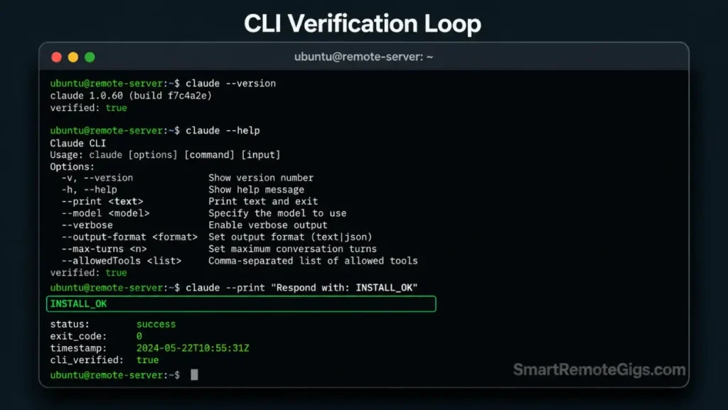 Screenshot of terminal checks executing version and print commands to verify successful Claude Code installation and active network connectivity.