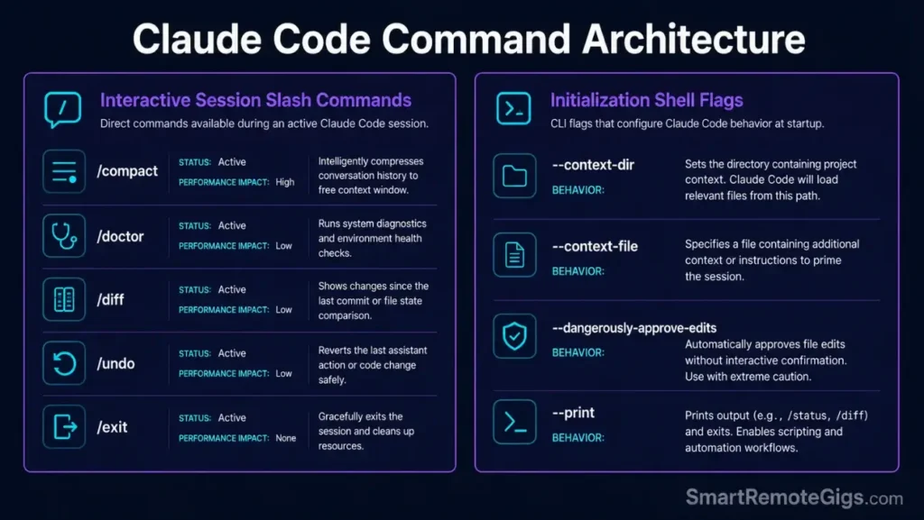 Infographic layout outlining the full architecture of Claude Code commands, showing interactive slash parameters and command-line shell execution flags.
