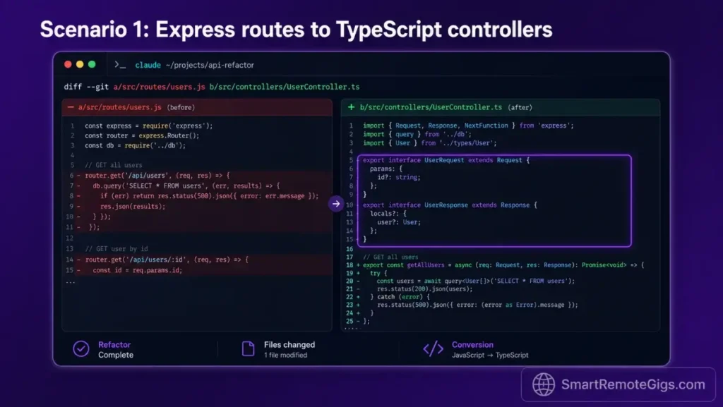 Screenshot of a terminal CLI session executing a legacy Express API migration to clean TypeScript controller files with automated verification checks.