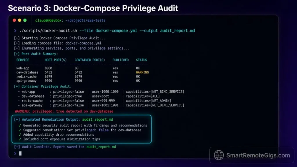Screenshot of a terminal audit showing docker-compose configuration analysis and local port vulnerability sweeps executed through Claude Code.