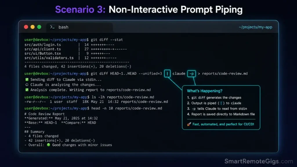 Screenshot of a shell terminal running a non-interactive bash script that pipes git diff structures into the Claude Code print parameter to generate Markdown documentation.
