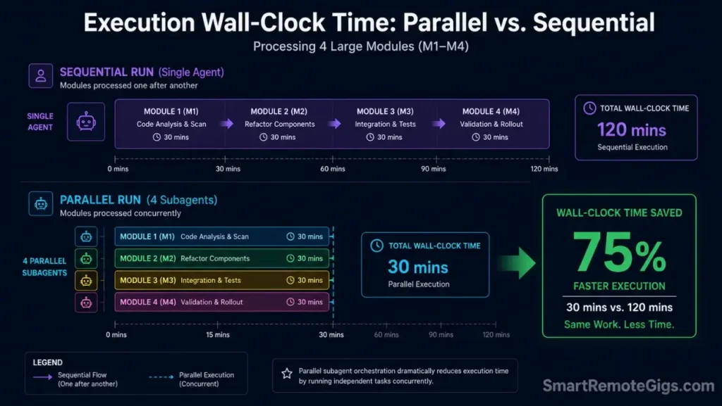 ROI timeline diagram contrasting sequential execution runtimes against parallel subagent orchestration to save development wall-clock time.