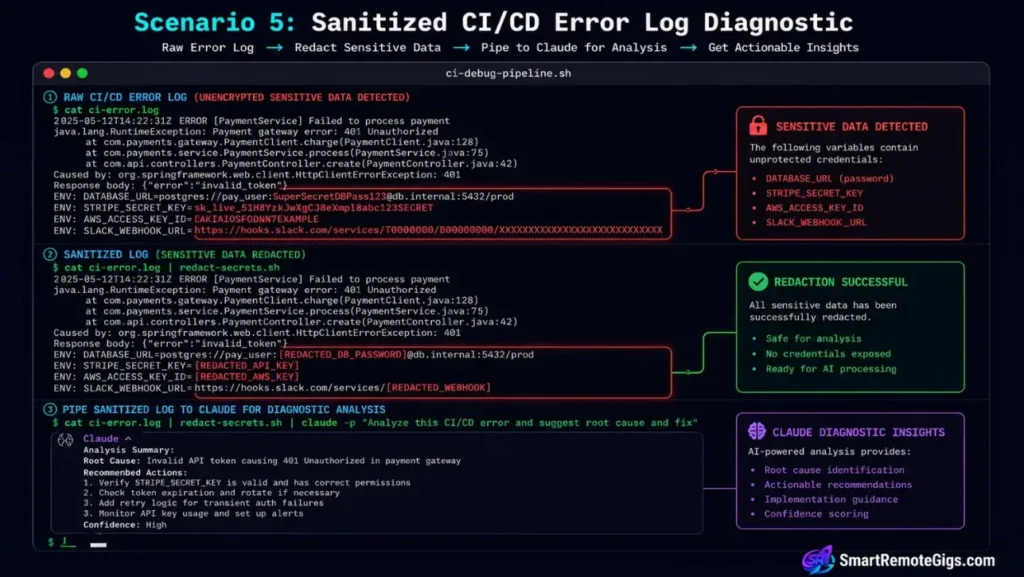 Screenshot of a terminal session executing a pipeline debug script to redact secrets and pipe sanitized CI/CD logs to Claude Code.