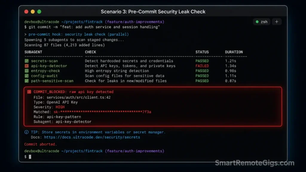 Screenshot of an interactive git terminal executing a parallel pre-commit security check and hard-blocking on a flagged credential leak.