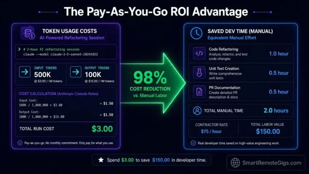 ROI comparison chart contrasting Anthropic Console API usage costs against saved senior developer hours during complex terminal migrations.