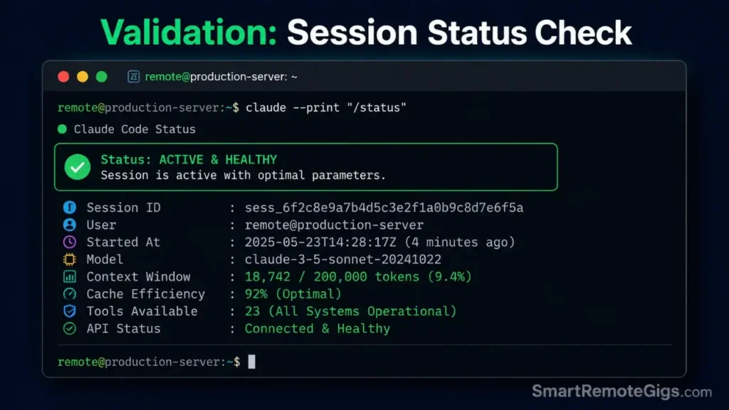 Screenshot of terminal checks executing version and print commands to verify successful Claude Code installation and active network connectivity.