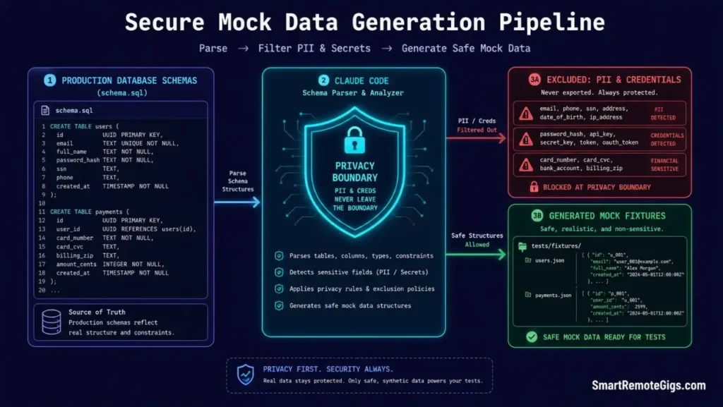 Process flow diagram detailing the secure mock data generation pipeline that filters out credentials to output fake testing fixtures.