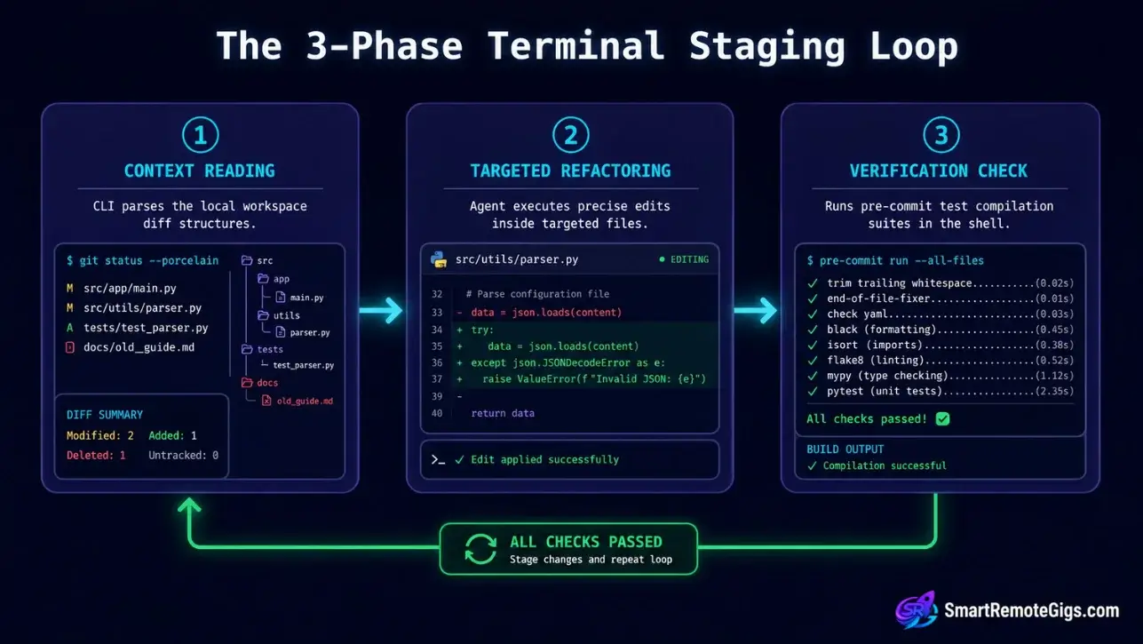 Flowchart diagram detailing the three-phase terminal staging loop used in high-velocity developer workflows to verify local file modifications before committing.