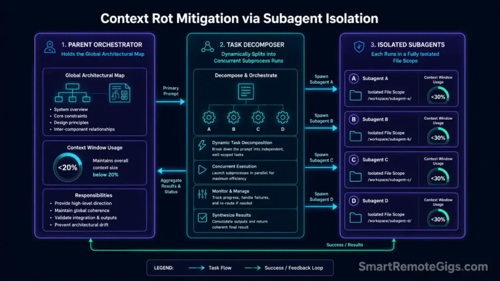 Flowchart diagram detailing the parent orchestrator and isolated parallel subagents to mitigate context window rot on large developer tasks.
