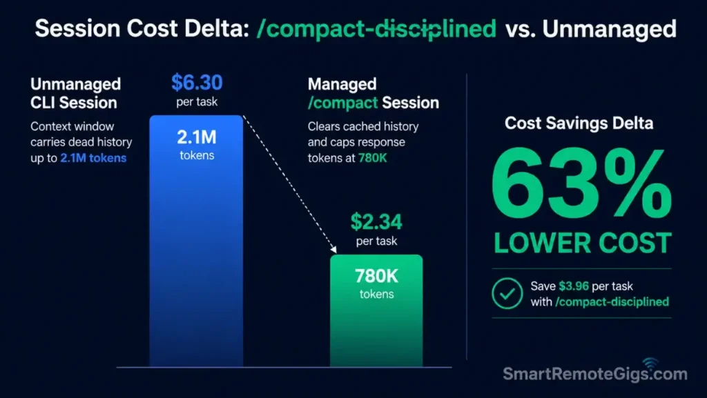 Bar chart illustrating session token consumption and API billing costs between unmanaged long-running developer prompts and /compact-disciplined Claude Code sessions.