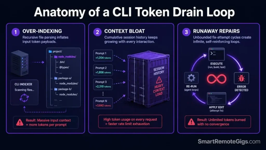Infographic mapping the three main causes of Claude Code token rate limit spikes, including folder over-indexing, cumulative session context bloat, and runaway auto-repair loops.