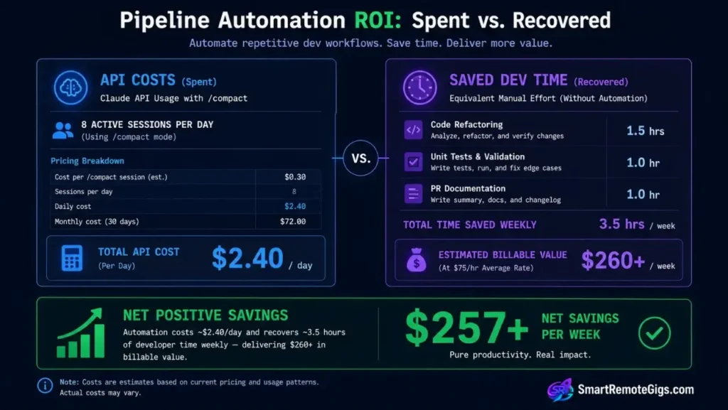 ROI comparison chart contrasting pay-as-you-go terminal API costs against saved senior developer billable hours during automated workflow execution.