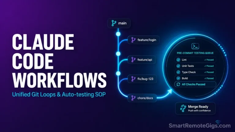 Claude Code workflows hero image showing developer terminal loops, git branch staging, and automated script testing overlays.