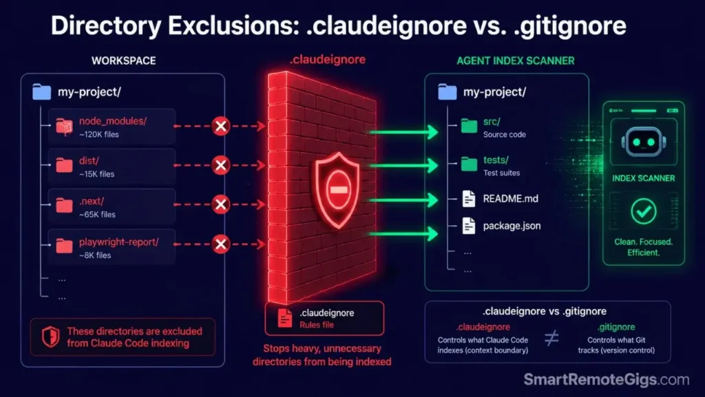 Directory structure diagram showing how a .claudeignore template blocks heavy build folders and dependency packages from being indexed by Claude Code.