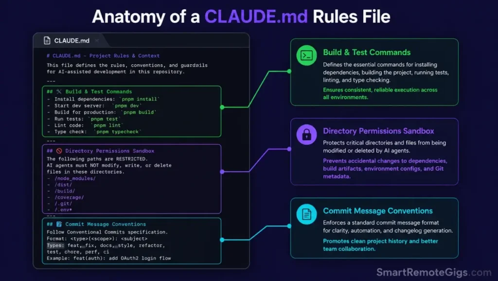 Directory file layout diagram mapping the structural anatomy of a CLAUDE.md workspace rules template to restrict agent permissions and define testing commands.