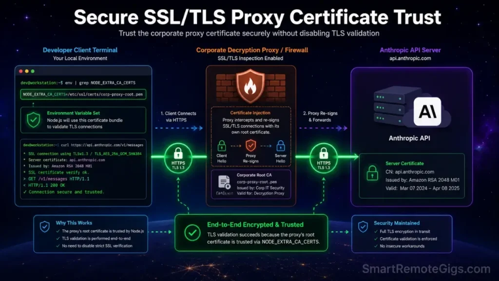 Network diagram showing how setting NODE_EXTRA_CA_CERTS allows Claude Code to securely pass corporate proxy SSL certificates without disabling TLS validation.