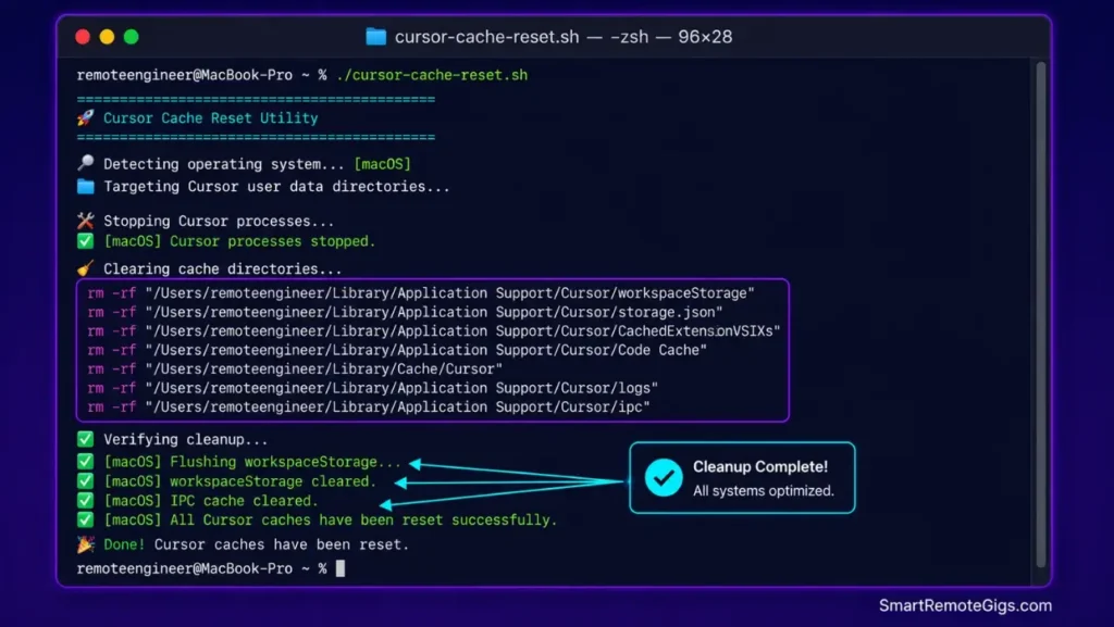 Screenshot of a terminal window executing our custom bash script to force-flush Cursor's User cache, workspaceStorage, and Electron IPC database locks.
