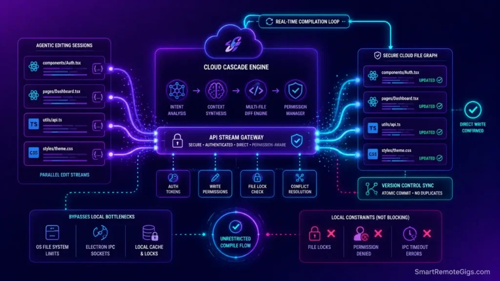 Abstract system design illustration representing a cloud-orchestrated multi-file editing pipeline that operates independently of local OS IPC caches.