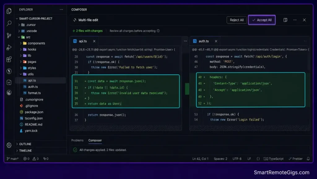 Screenshot of Cursor's side-by-side Composer diff panel showing color-coded green line edits successfully applied across multiple files simultaneously.