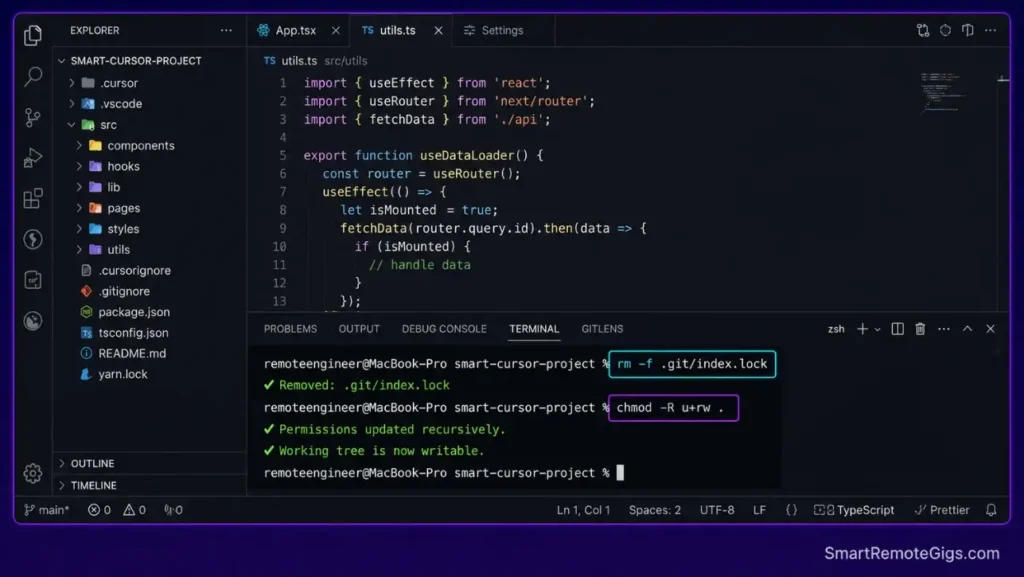 Screenshot of Cursor's integrated terminal executing commands to force-remove stale .git/index.lock files and reset local file system write privileges.