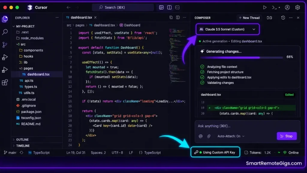 Screenshot of Cursor's Composer panel applying edits while the status bar indicates completions are running via custom API billing keys.