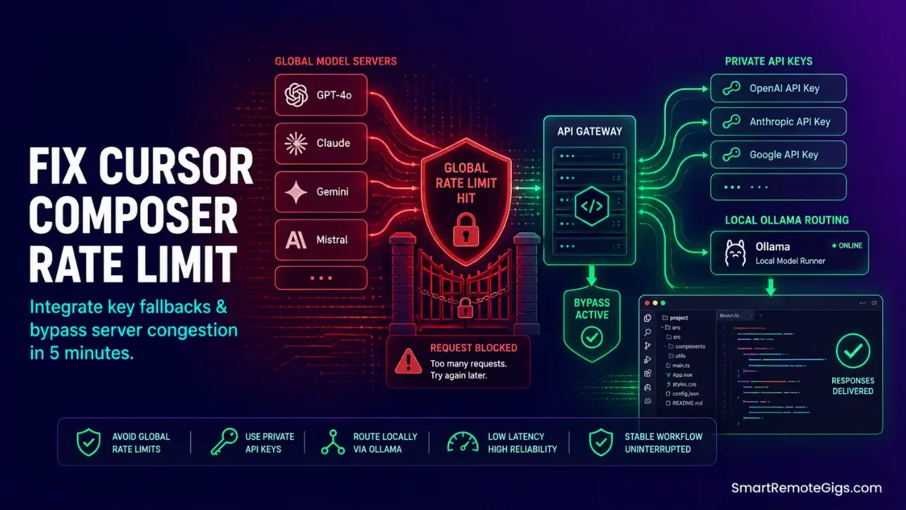 Cursor composer rate limit: Premium SaaS editorial graphic depicting a locked cloud API gateway bypassing quota blocks to connect to an open local model.