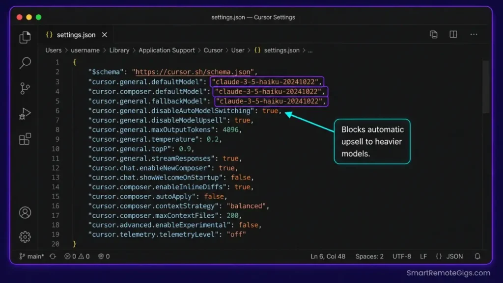 Annotated screenshot of user settings.json in Cursor showing custom model overrides to enforce lightweight, token-saving models.