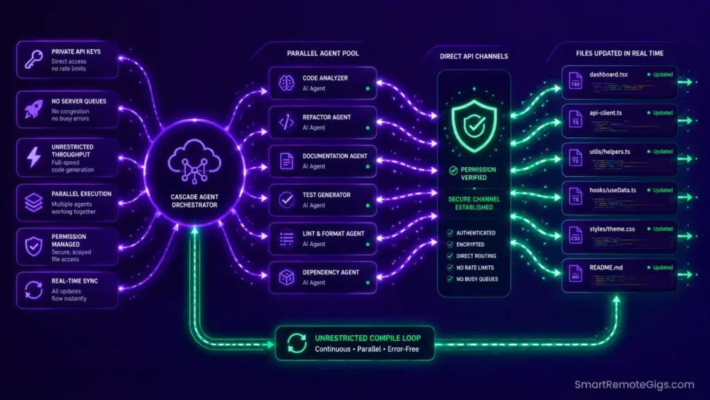 Abstract system design illustration representing a cloud-orchestrated agent pipeline that operates with unrestricted context-window completion quotas.
