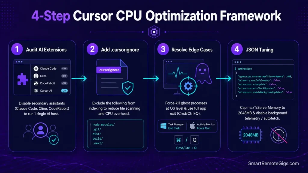 Step-by-step optimization framework graphic showing how to resolve high CPU usage in Cursor AI code editor.