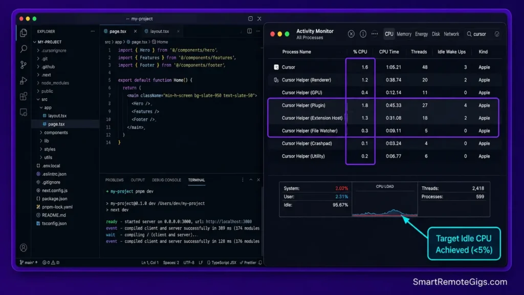 Real screenshot of Activity Monitor confirming normalized Cursor process CPU usage after applying optimizations.