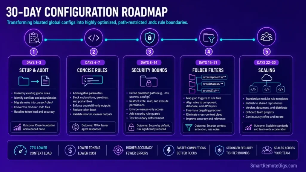 30-day timeline roadmap outlining setup, concise formatting, security boundary configuration, folder filtering, and scaling phases.