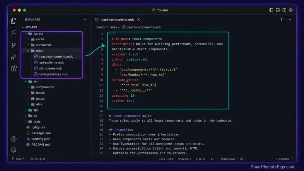 Annotated screenshot of the Cursor editor displaying the .cursor/rules directory structure and active .mdc frontmatter configuration.