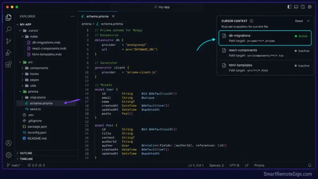 Screenshot of Cursor's workspace displaying active database migration rules triggering dynamically while component rules remain inactive.