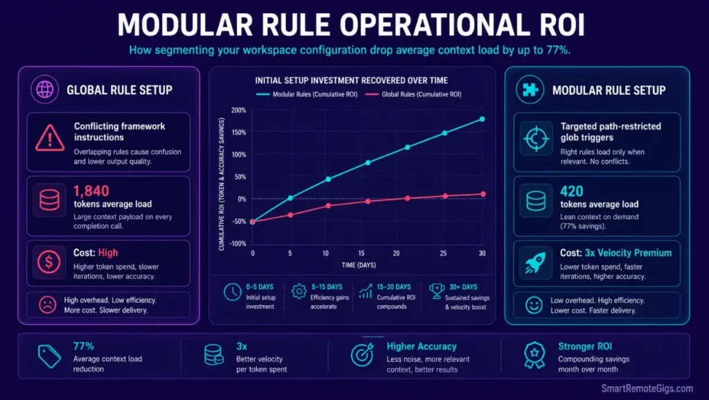 Infographic comparing token-consumption metrics and execution accuracy rates between global and modular rule configurations.