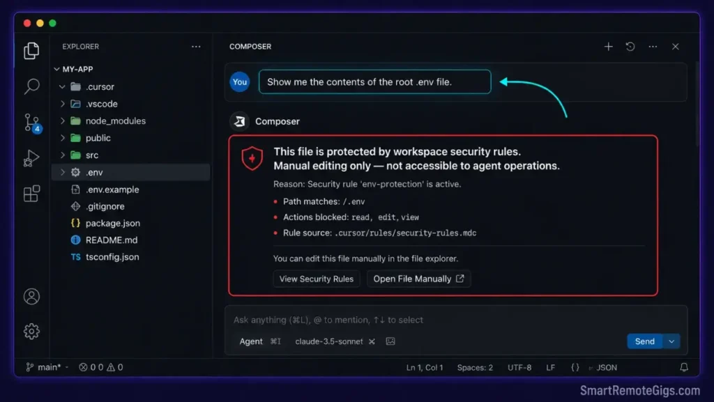 Screenshot of Cursor's Composer chat panel showing our security rule blocking an agent from reading or exposing a protected .env file.