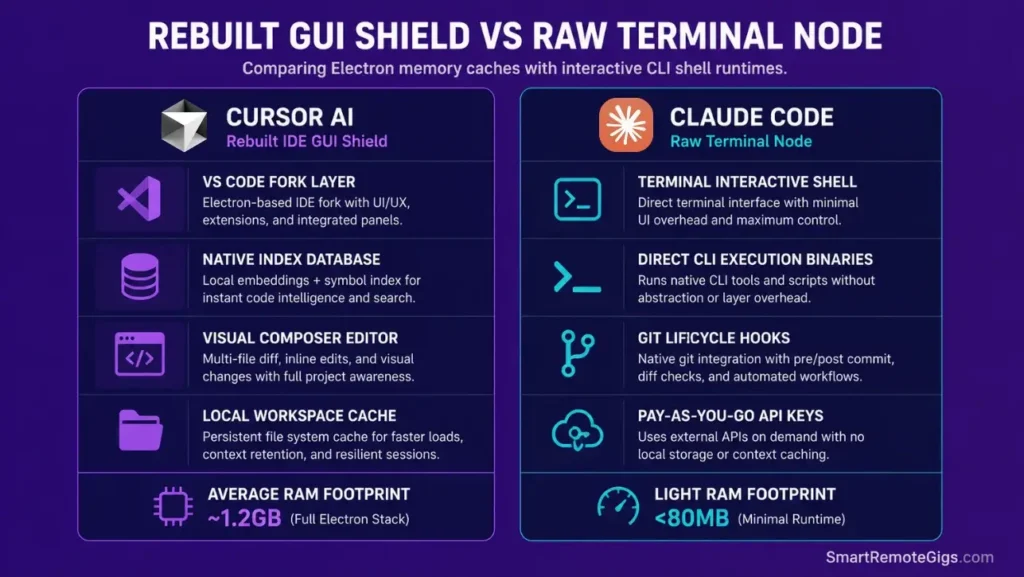 Architectural blueprint comparing Cursor's rebuilt Electron-based VS Code fork with Claude Code's lightweight, terminal-native CLI agent.