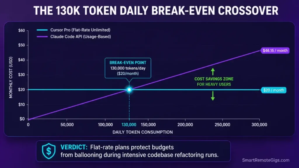 Line graph comparing the monthly cost-efficiency crossover point at 130,000 tokens per day between flat-rate subscriptions and pay-as-you-go API keys.