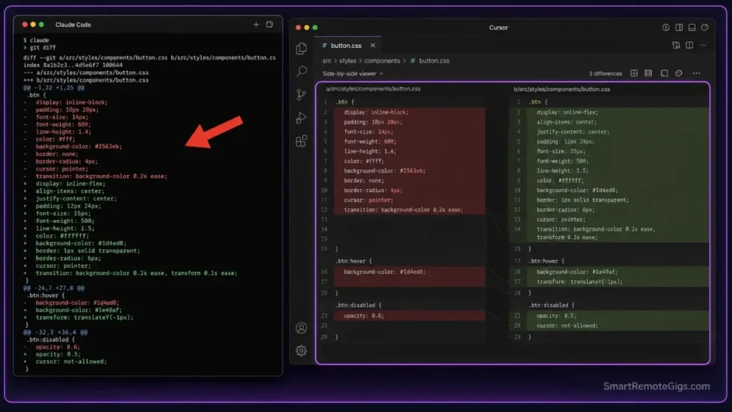 Visual review comparison screenshot showing Claude Code's terminal-based diff output next to Cursor's visual side-by-side change panel.