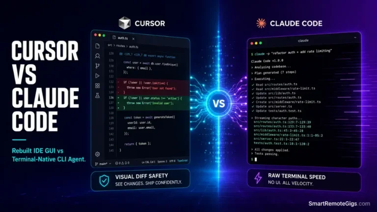 Cursor vs Claude Code: Premium SaaS comparison graphic illustrating a side-by-side visual IDE panel and a command-line terminal interface.
