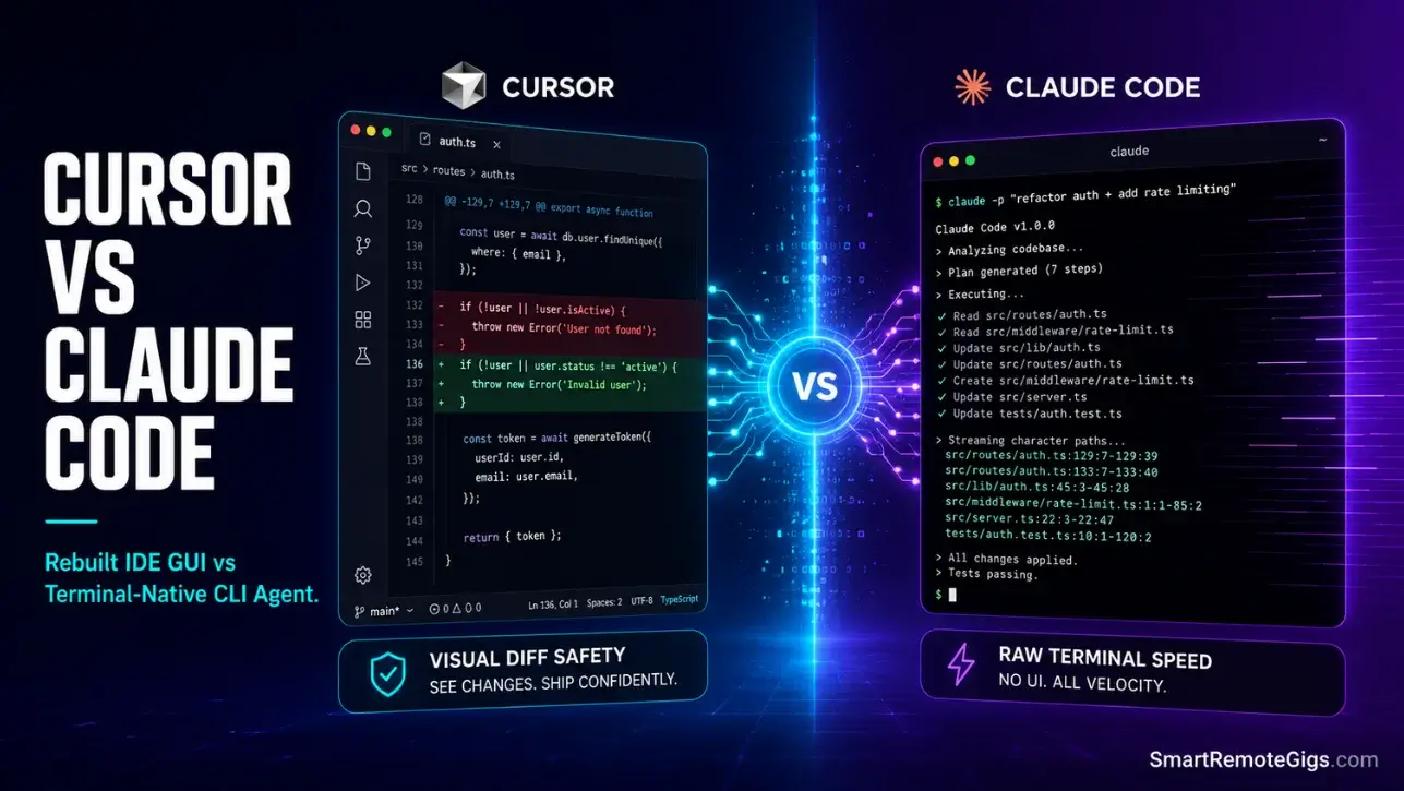 Cursor vs Claude Code: Premium SaaS comparison graphic illustrating a side-by-side visual IDE panel and a command-line terminal interface.