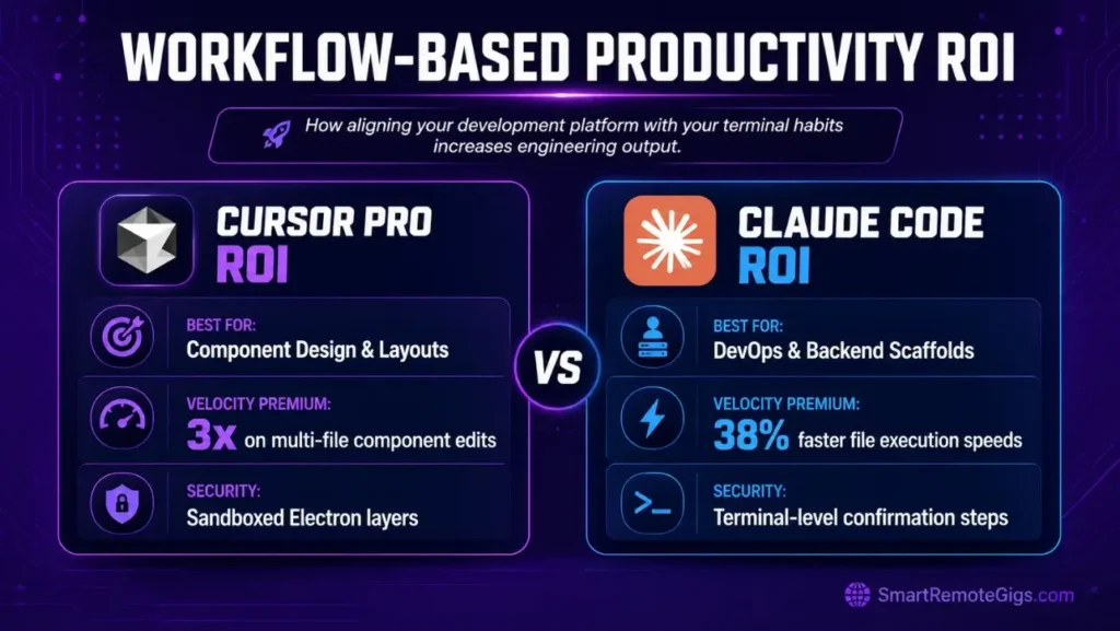 Infographic displaying comparative productivity output metrics and developer velocity premiums between Cursor Pro and Claude Code.